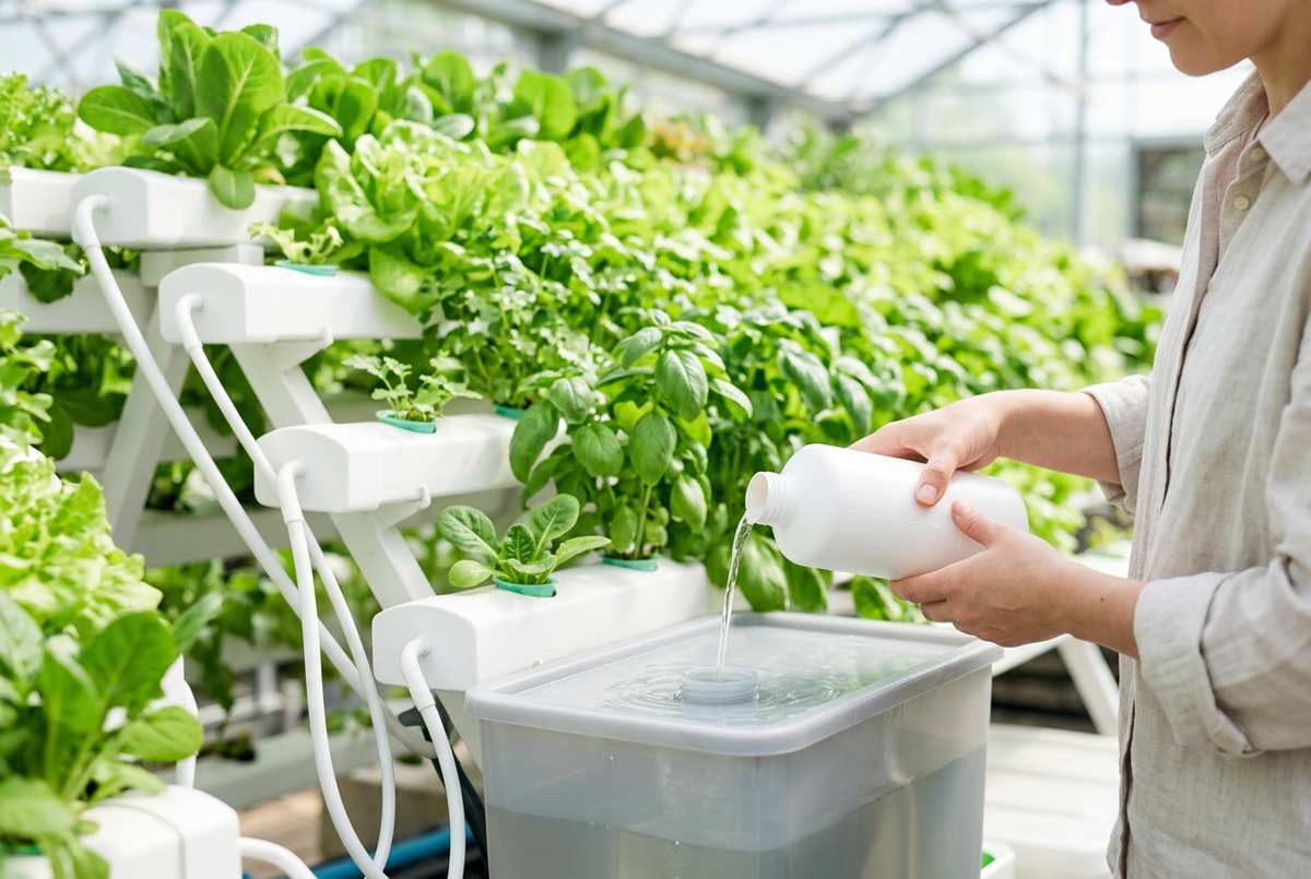 Hands pouring liquid silica supplement into a hydroponic reservoir of leafy green plants