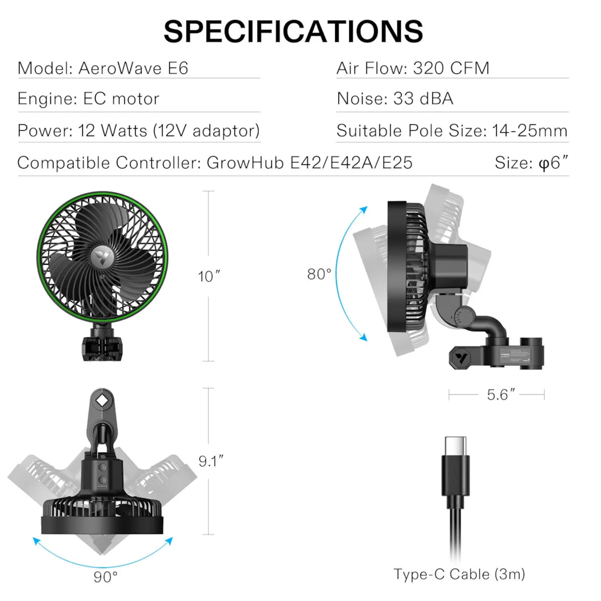 Vivosun AeroWave E6 Gen2 – 6” Oscillating Clip Fan